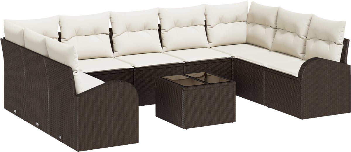 vidaXL - Tuinbank - Set - met - kussen - 10 - pcs - Bruin - en - wit - poly - rattan