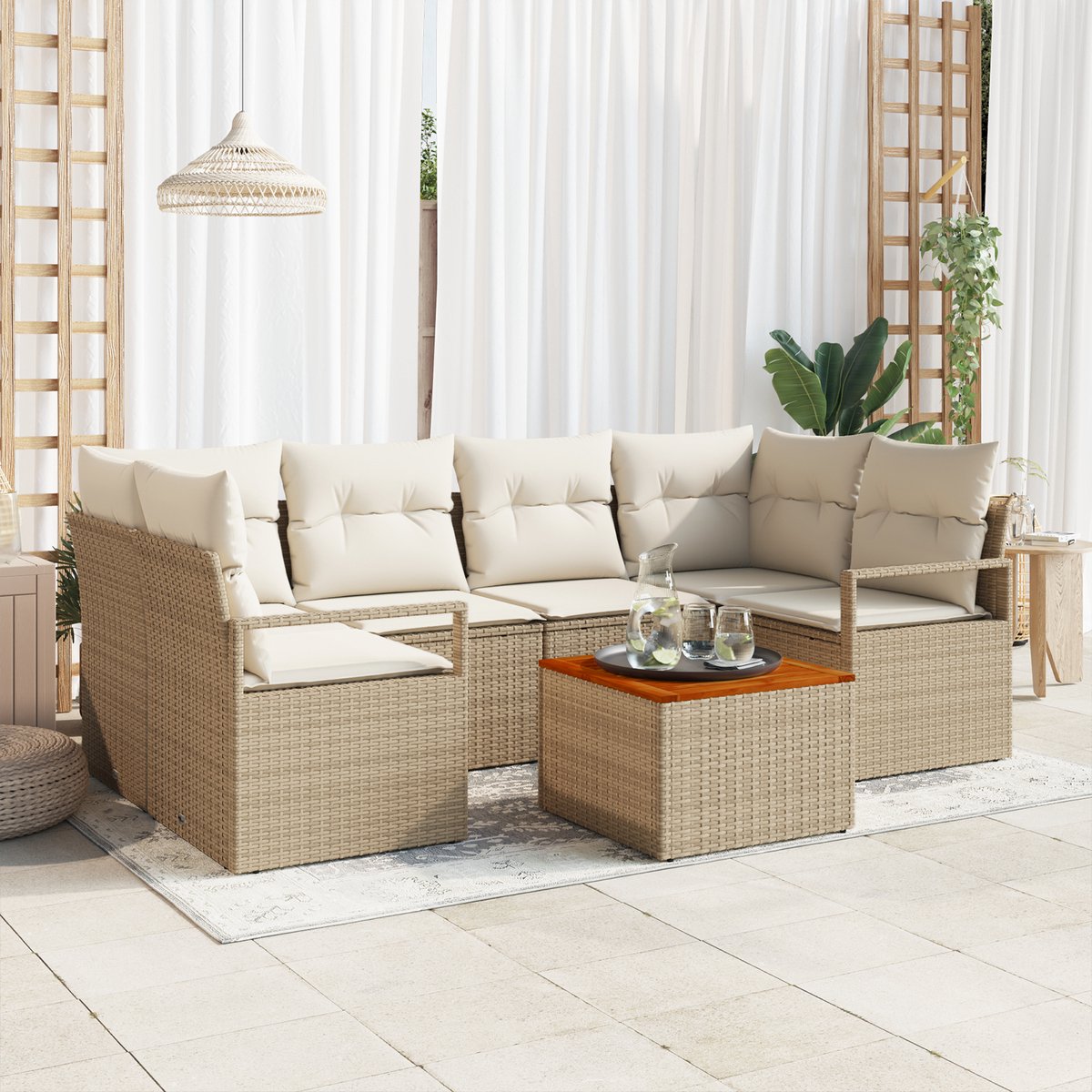 vidaXL - Tuinbank - Set - met - kussen - 7 - pcs - Beige - poly - rattan