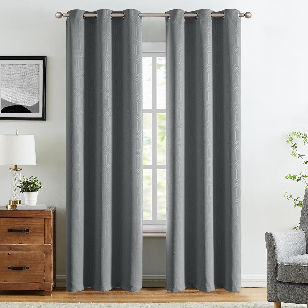 Ibenzoa Duurzame Geometrische Verduisteringsgordijnen – Set van 2, 140x245cm, Zwart-Grijs