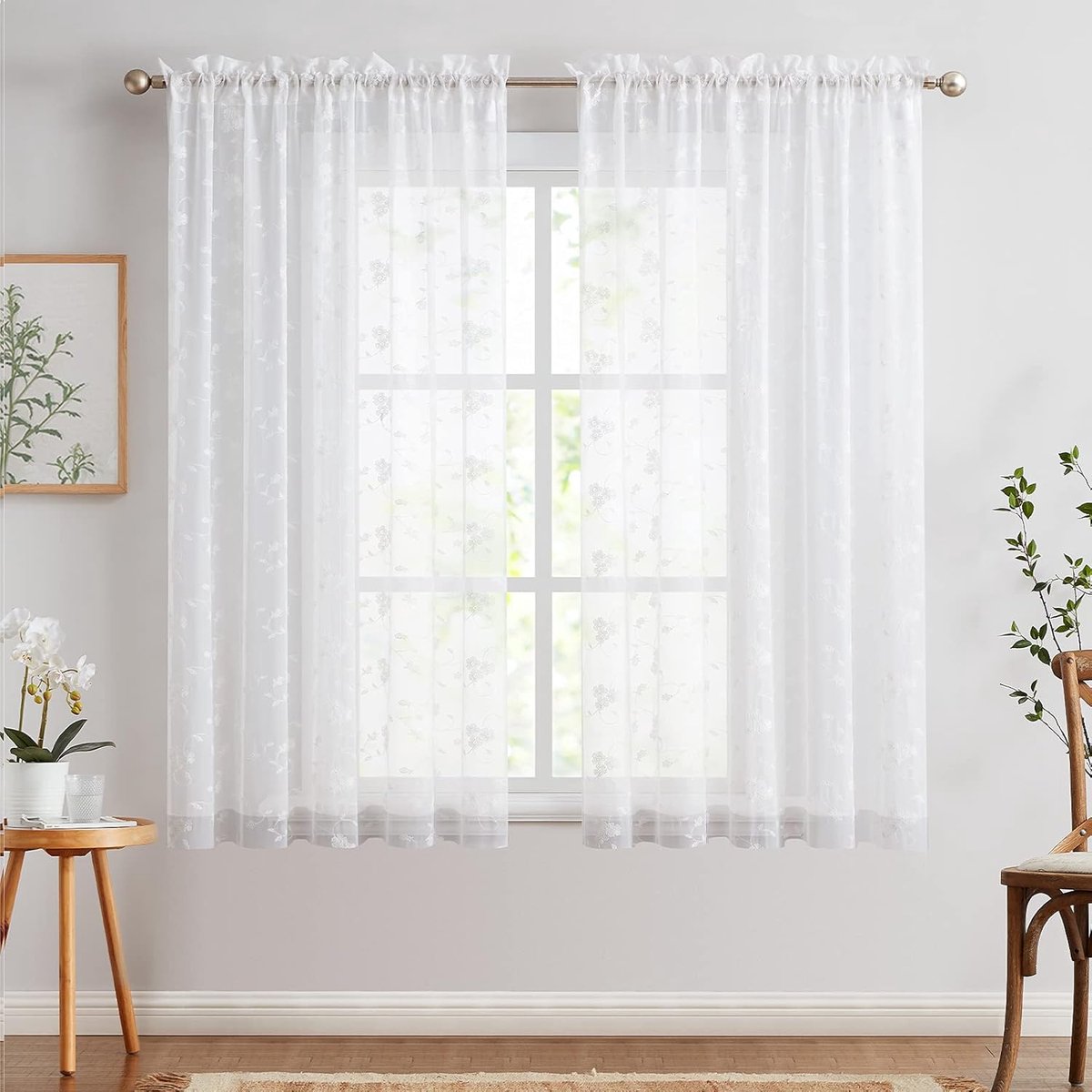 Ibenzoa Zware, Katoenen Voile Gordijnen met Delicaat Borduursel - Set van Twee, 145 x 140 cm Wit