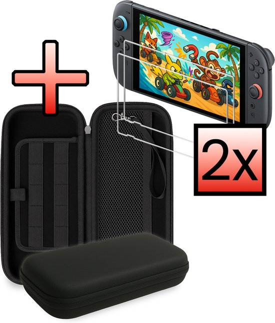 Zwarte hardcase voor Nintendo Switch, met een console met racende dieren en '2x' erop.