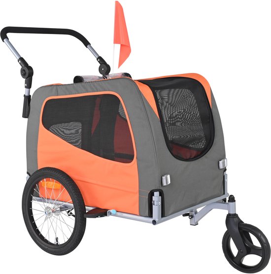 Remorque de vélo 2 en 1 pour Chiens- Charge maximale : 30 kg - Avec cadre pliable et réflecteurs de sécurité - Oranje/ Grijs