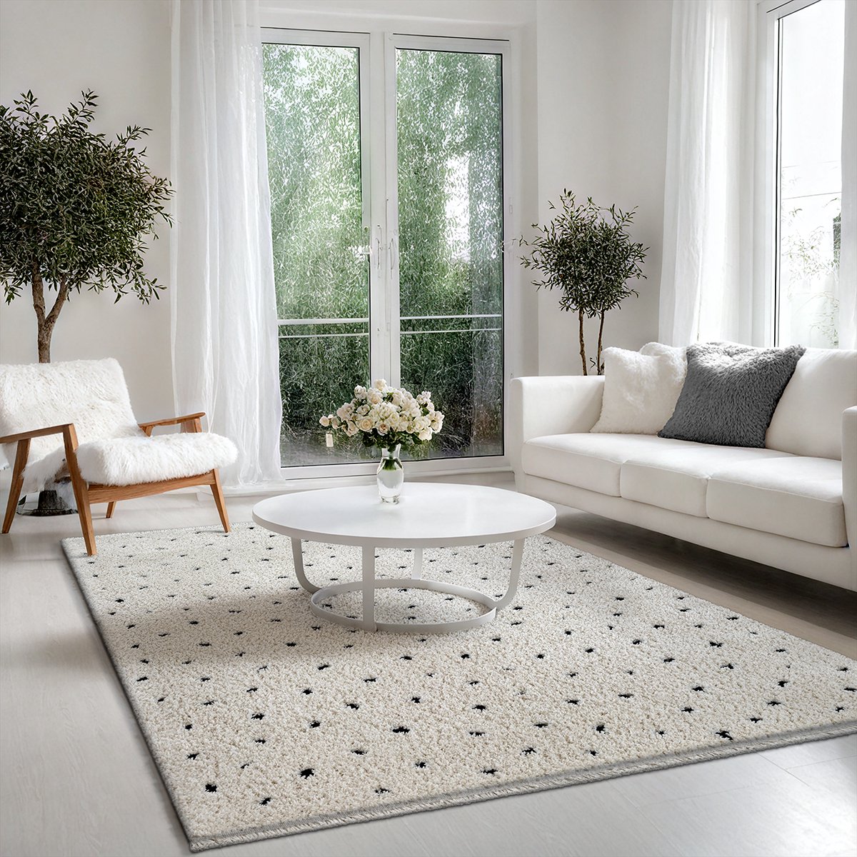 the carpet Bahar Shaggy – Hoogpolig vloerkleed in Scandinavische stijl met zwarte stippen, crème, 200 x 290 cm