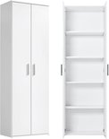 Witte archiefkast met twee deuren. Interieur is open met vijf planken.