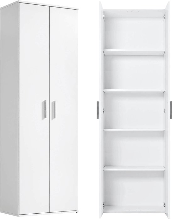 Witte archiefkast met twee deuren. Interieur is open met vijf planken.