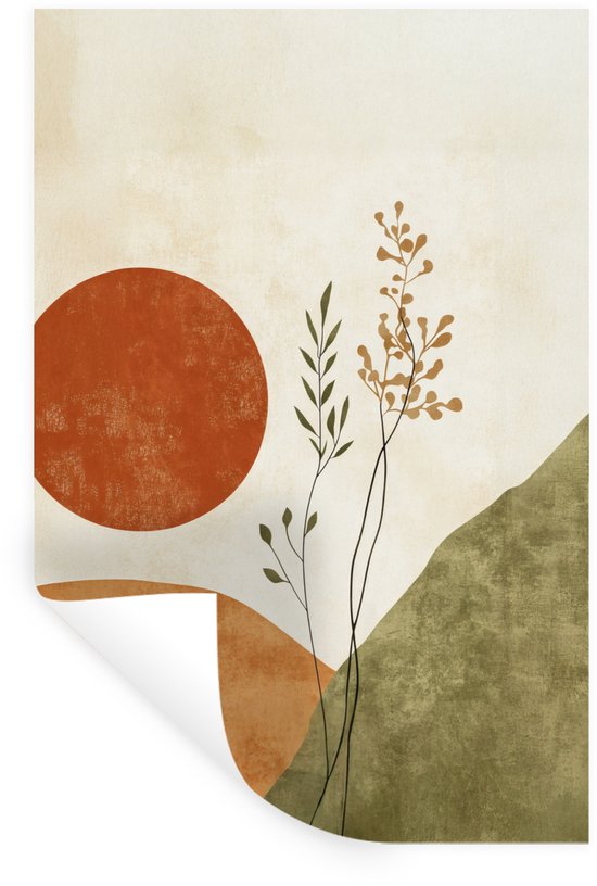 Sticker mural abstrait avec cercle orange, formes courbes et branches sur fond beige.
