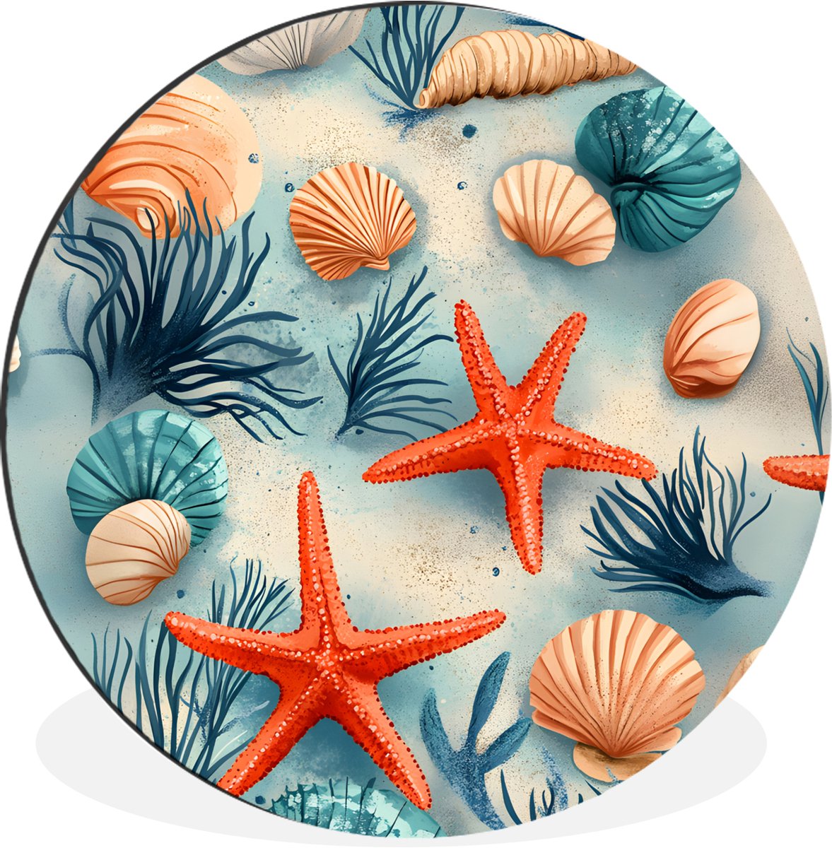 WallCircle Wandcirkel - Muurcirkel - Zeesterren - Schelpen - Illustratie - Zand - Aluminium - Dibond - 90x90 cm - Binnen en Buiten