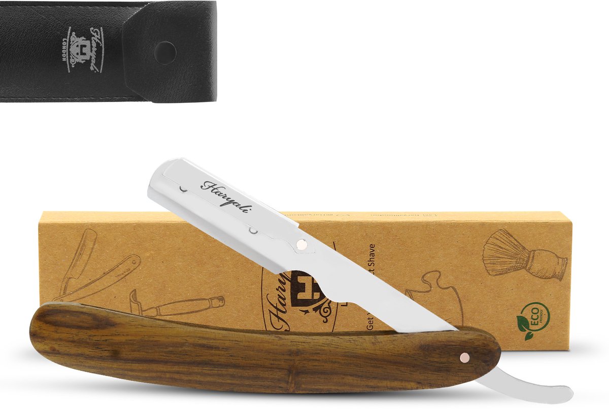 Haryali London Cut Throat Razor klassiek scheermes voor heren scheren met mesjes scheermes voor scheren thuis en in de salon met lederen etui Shavette Rasoirs Rasol in rozenhout hand