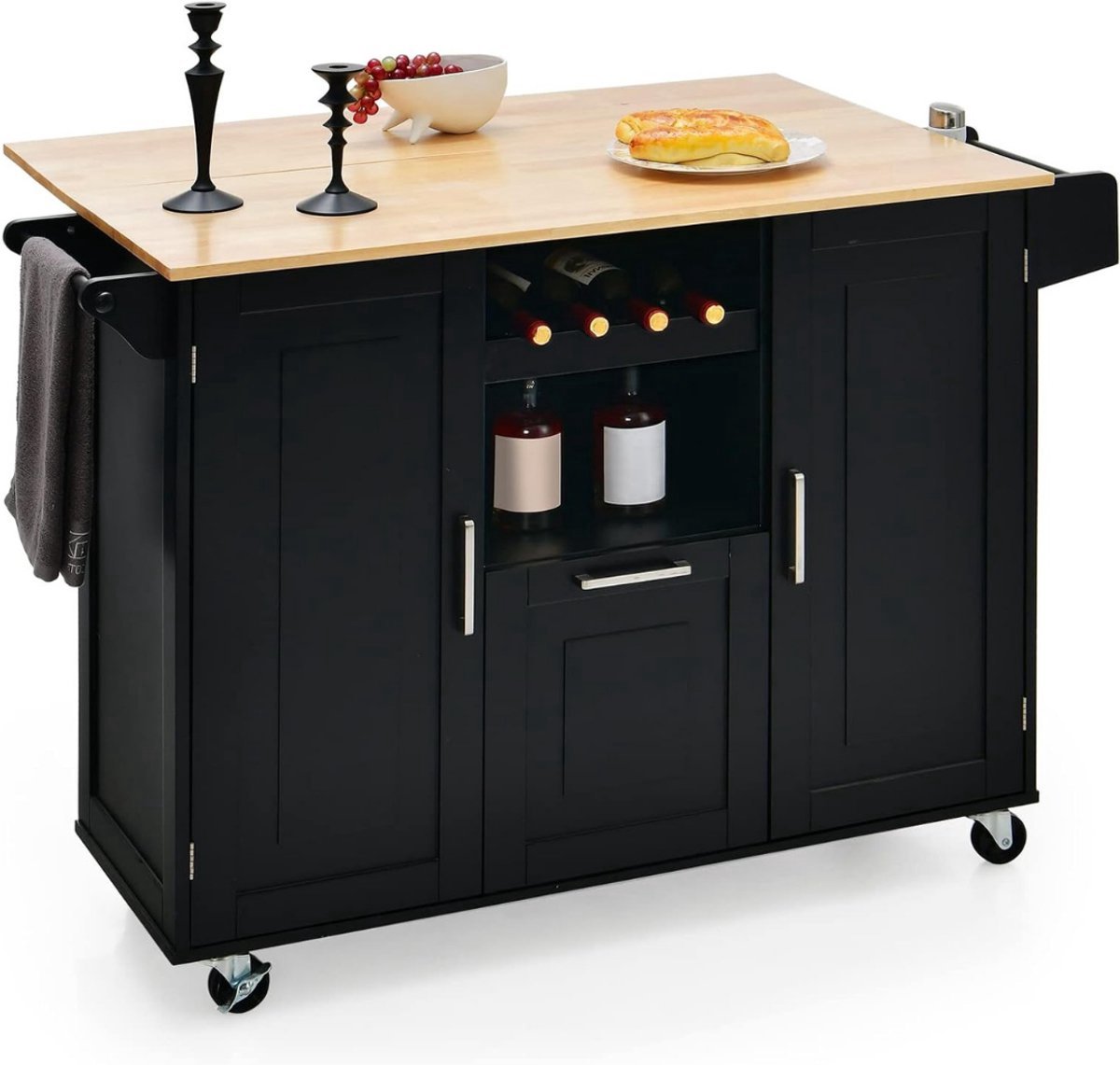 Thuys – Keukeneiland Verplaatsbaar – Keukenkast Op Wieltjes – Dressoir – Kookeiland – Organizer – Incl. Handdoekhouder, Flessenhouder & Kruidenrek – Serveerwagen – Houten Werkblad – Opberglade – Zwart