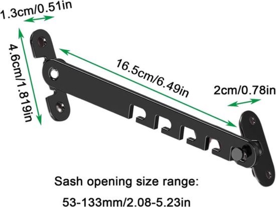 Zwarte raambegrenzer met afmetingen: 16.5cm lengte, 1.3cm en 2cm breedte, 4.6cm hoogte.