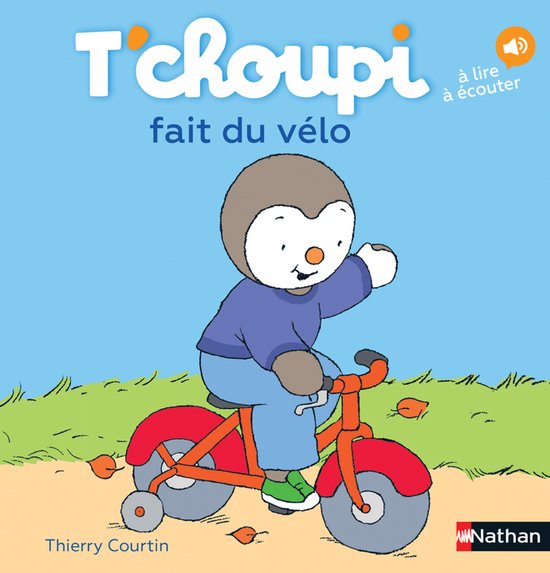 T'choupi maakt een fietstocht. Illustratie met T'choupi die op een rode fiets rijdt met een blauwe hemel op de achtergrond.