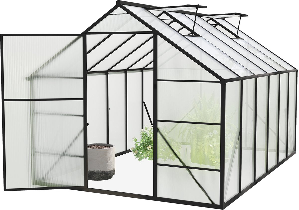 NAIZY Broeikas, aluminium tuinkas, met 6 cm fundering en 4 mm pc-plaat, broeikas, tomatenkas, tuinhuis, uv-bestendig, weerbestendig, voor de tuin, 310x250x205 cm