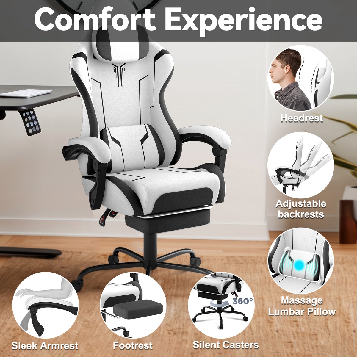 NAIZY Gamingstoel met Massage en Voetensteun Ergonomisch Wit - afbeelding 3