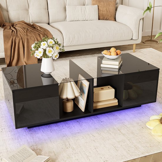 Witte Salontafel, Bijzettafel Met LED, Hoogglans Blad, Spaanplaat Hout 100 X 60 X 49 5 Cm Witte Salontafel, Bijzettafel Met LED, Hoogglans Blad, Spaanplaat Hout 100 X 60 X 49 5 Cm