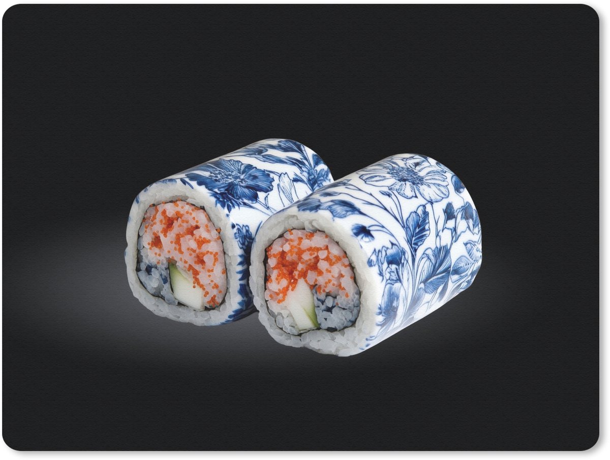 Muismat 23x19 cm - Mousepad Sushi - Delfts blauw - Rijst - Vis - Elegant - Muismatten