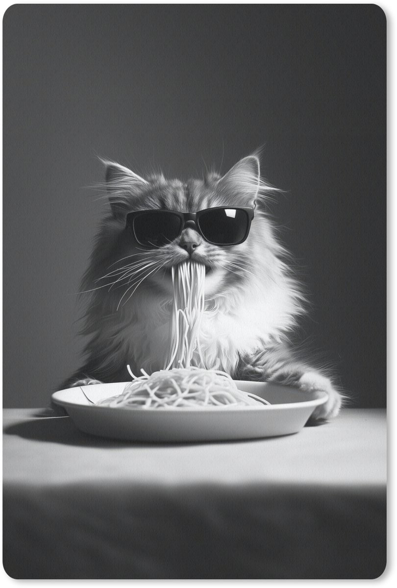 Muismat 18x27 cm - Mousepad Langharige kat - Zonnebril - Spaghetti - Humor - Zwart - wit - Muismatten