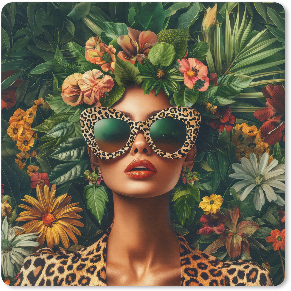 Muismat 30x30 cm - Mousepad Vrouw - Panterprint - Jungle - Natuur - Luxe - Muismatten