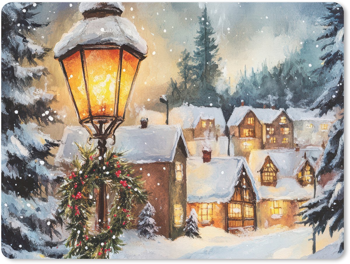 Muismat 23x19 cm - Mousepad Kerstdorp - Huizen - Sneeuw - Kerst - Muismatten