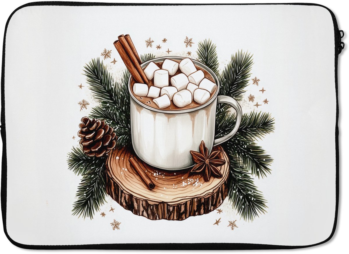 Laptophoes 14 inch - Winter - Hout - Chocolademelk - Drink - Kerst - Laptop sleeve - Binnenmaat 33x23 cm - Zwarte achterkant