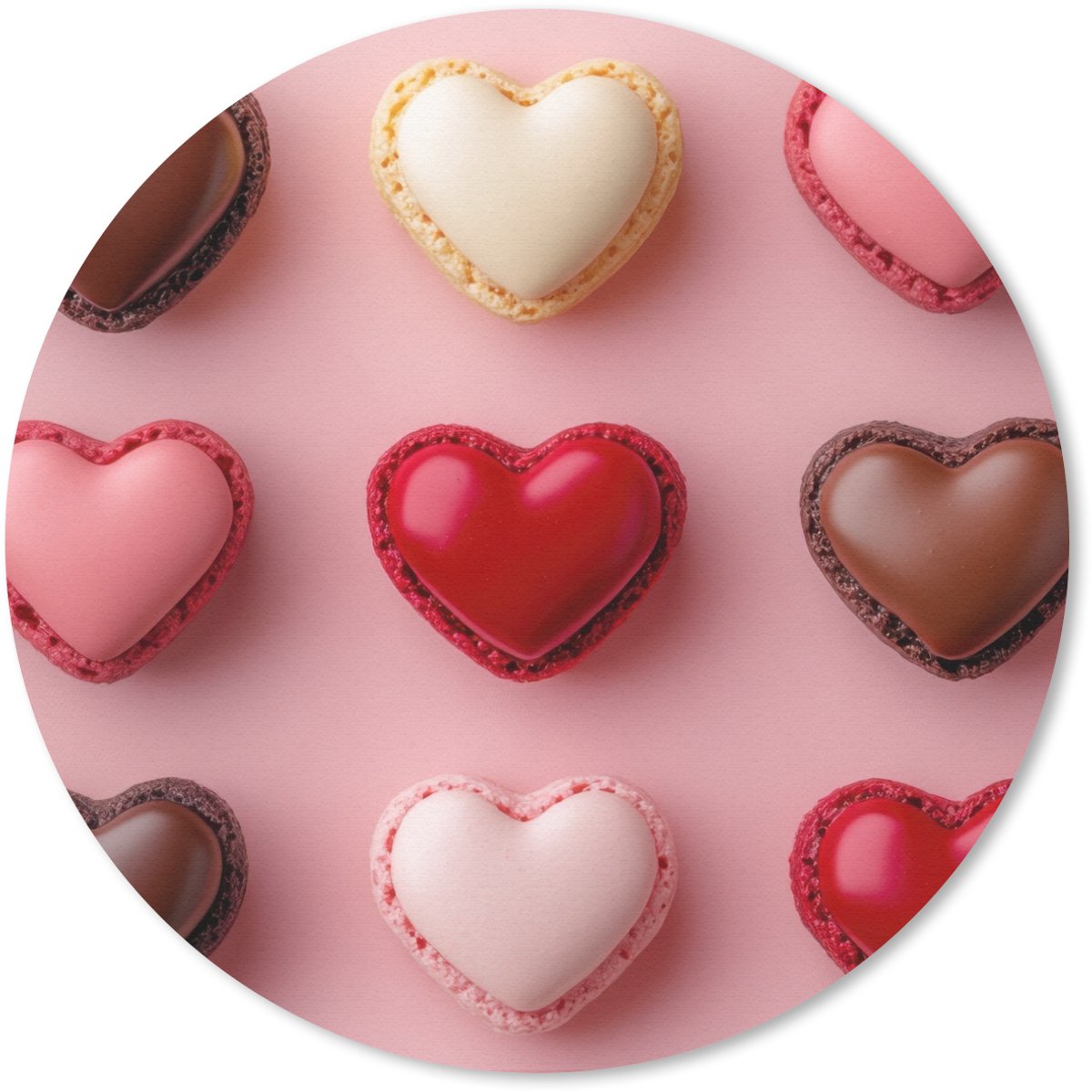 Muismat rond 30x30 cm - Mousepad Macarons - Hartjes - Kleurrijk - Roze - Ronde muismatten