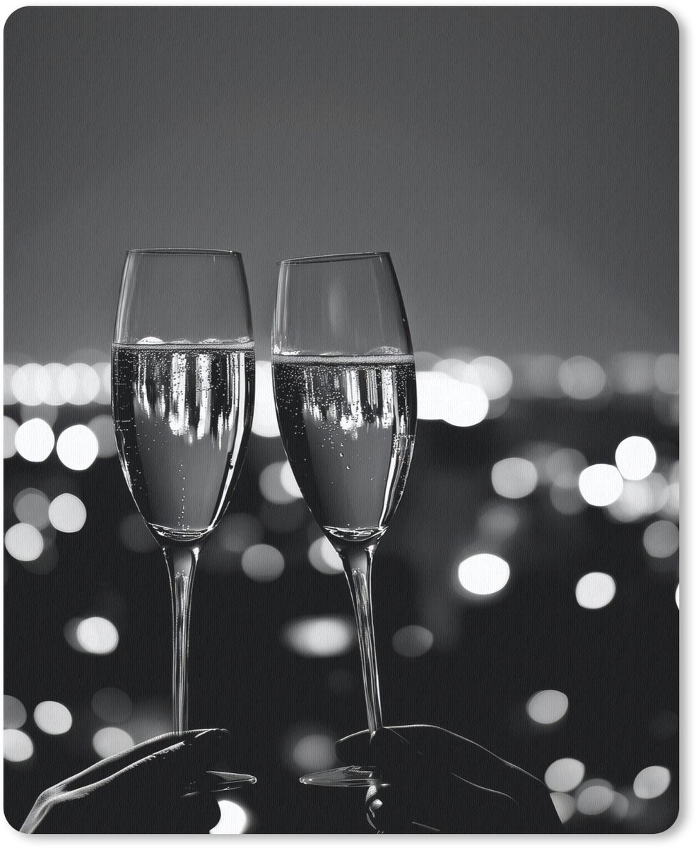Muismat 19x23 cm - Mousepad Bubbels - Proosten - Champagneglazen - Stadslichten - Muismatten