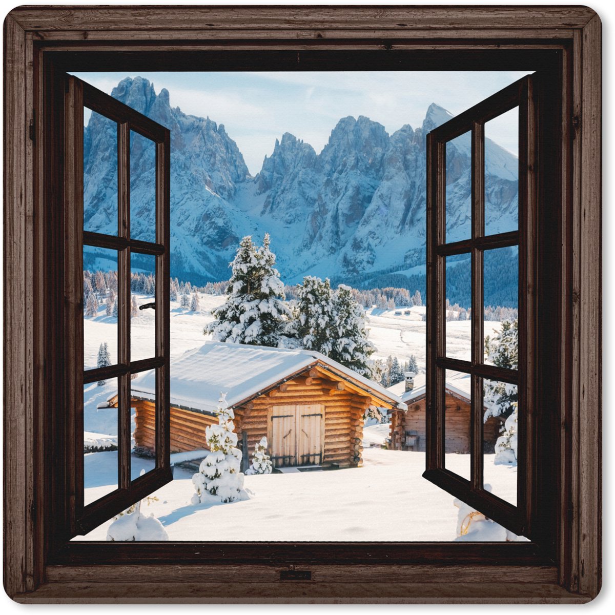 Muismat XXL 50x50 cm - Bureau onderlegger - Bureau mat Doorkijk - Winter - Landschap - Huisje - Bergen - Bureaumat - Gaming mousepad xl - Bureaulegger groot - Computer deskmat
