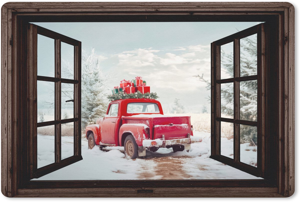 Muismat 27x18 cm - Mousepad Doorkijk - Auto - Rood - Cadeaus - Winterlandschap - Kerst - Muismatten