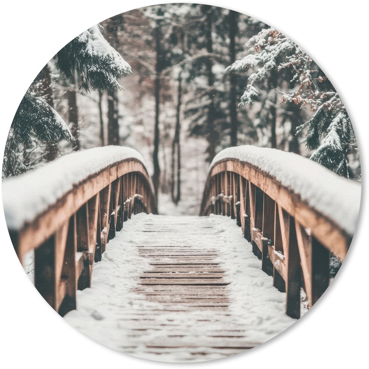 Muismat rond 30x30 cm - Mousepad Brug - Winterlandschap - Bos - Natuur - Sneeuw - Ronde muismatten