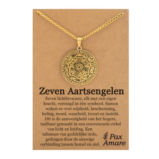 Aartsengelen Ketting op Cadeau Kaartje - Goudkleurig - 7 Engelen Talisman / Medalion - Beschermengel - Engelen Hanger - 60cm