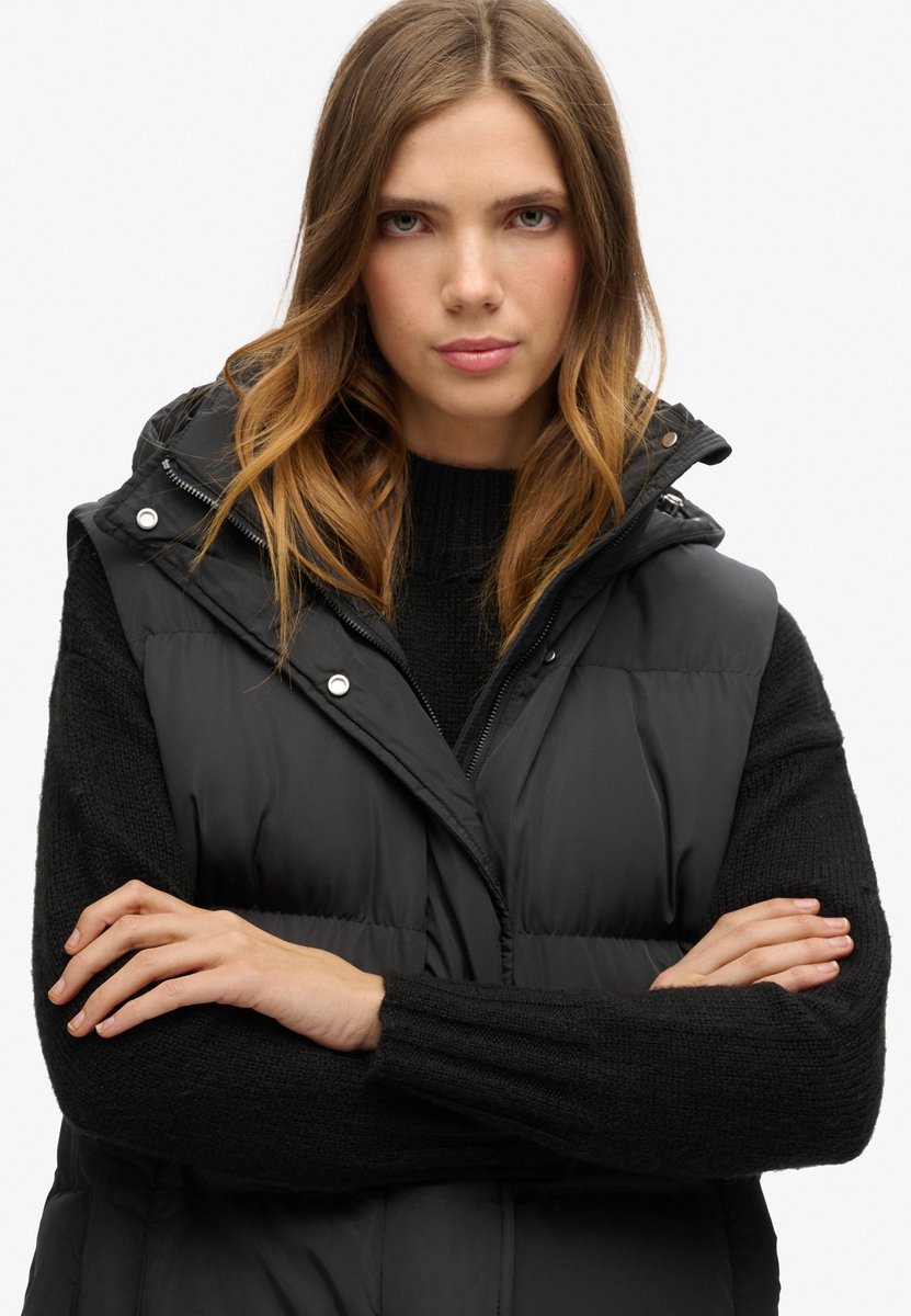Superdry Lange pufferbodywarmer met capuchon Dames Gilets Zwart