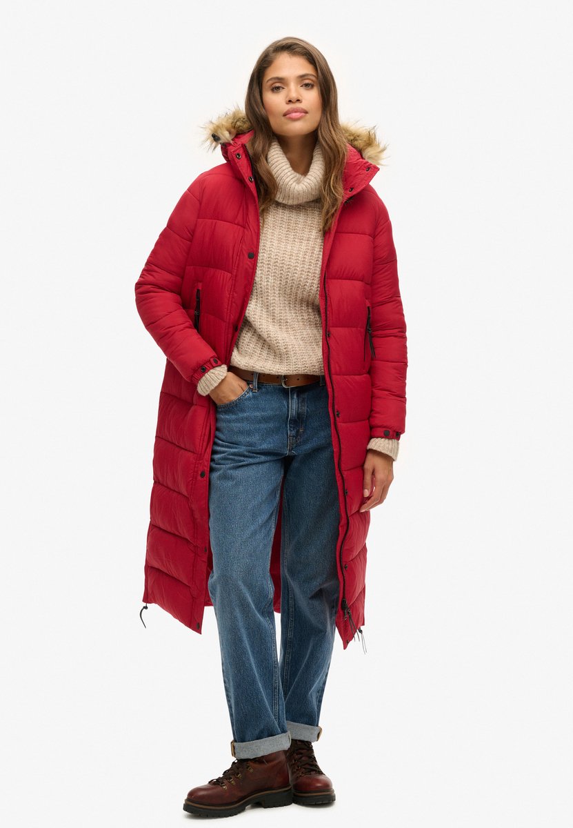 Superdry Lange pufferjas van imitatiebont met capuchon Dames Gewatteerde jassen Rood