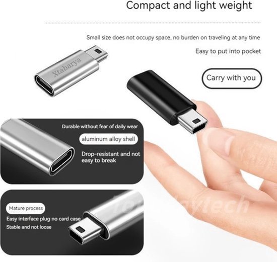 Zilverkleurige en zwarte adapter, compact en lichtgewicht, met mini-USB mannelijke naar USB-C vrouwelijke connector.