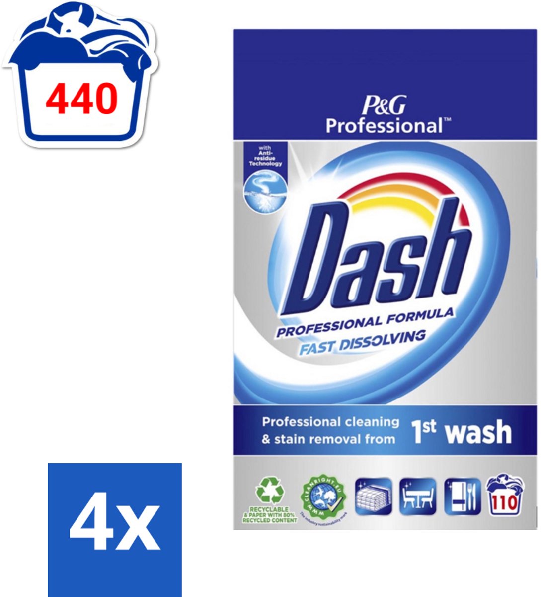 Dash Professional - Snel Oplossend Waspoeder - Witte en Gekleurde Was - 110 Wasbeurten - Voordeelverpakking - 4 stuks