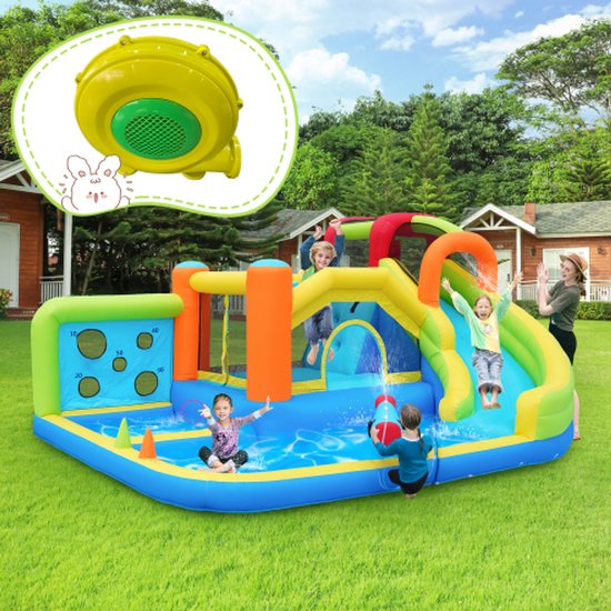Foto:  jaarrond plezier springkussen met blower multifunctioneel waterpark trampolinepark voor kinderen waterglijbaan werpwand basketbalring klimwand inclusief 450w blower