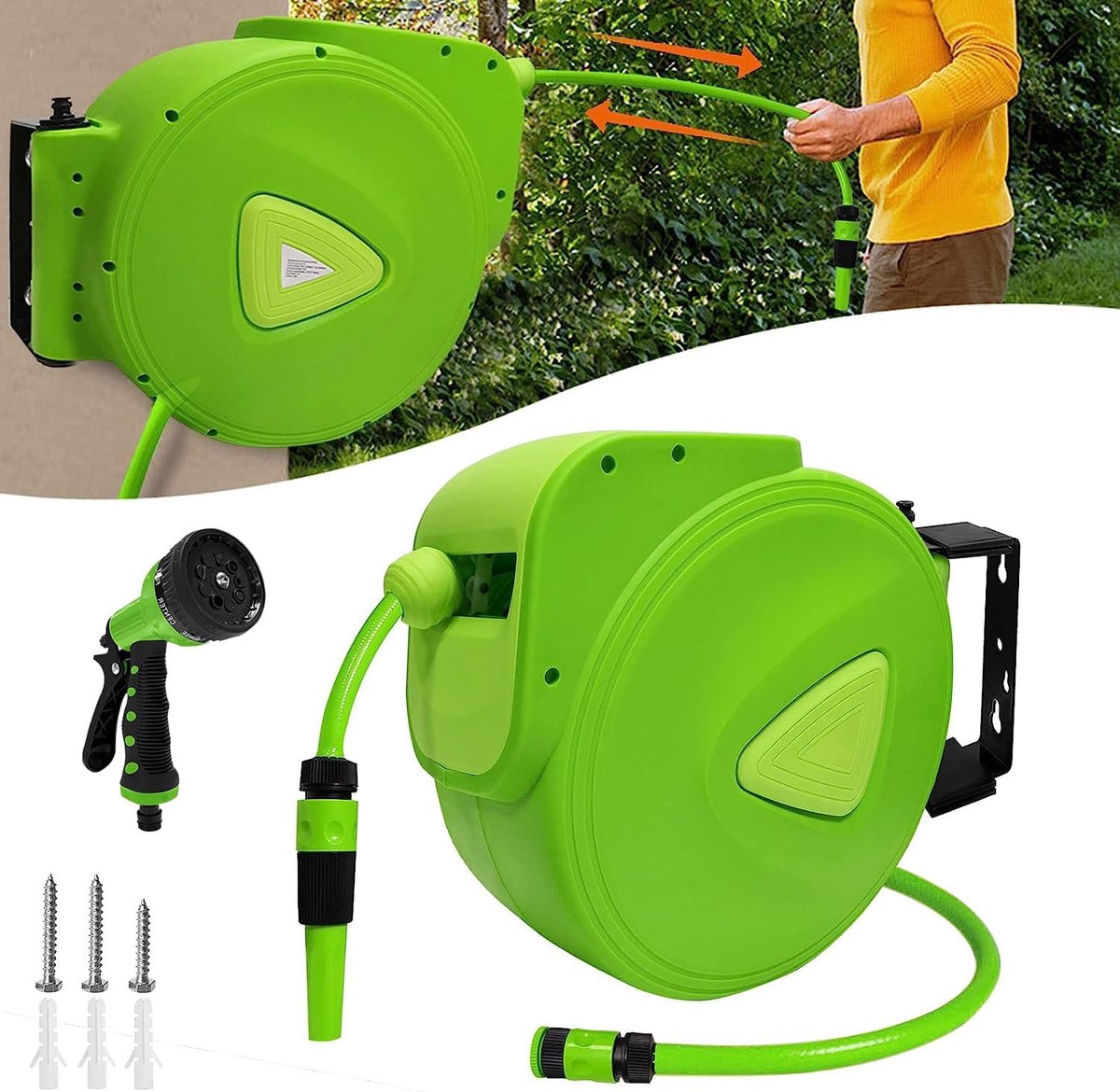 NAIZY Slangetrommel, Tuinslang, 20m, Trommel, Waterslang, Slangaftrekker, 3/4 Inch, Met Multifunctie Douche, Slangrol, 180° Draaibaar, Inclusief Stopbal, Slangetrommels, Groen