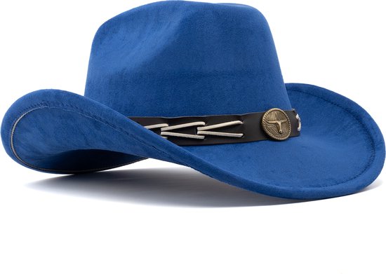 KIMU Cowboyhoed Koningsblauw Gevlochten Band - Verstelbaar t/m Maat 59 - Blauwe Cowboy Western Hoed Dames Heren Cowgirl Blauw Yellowstone Carnaval