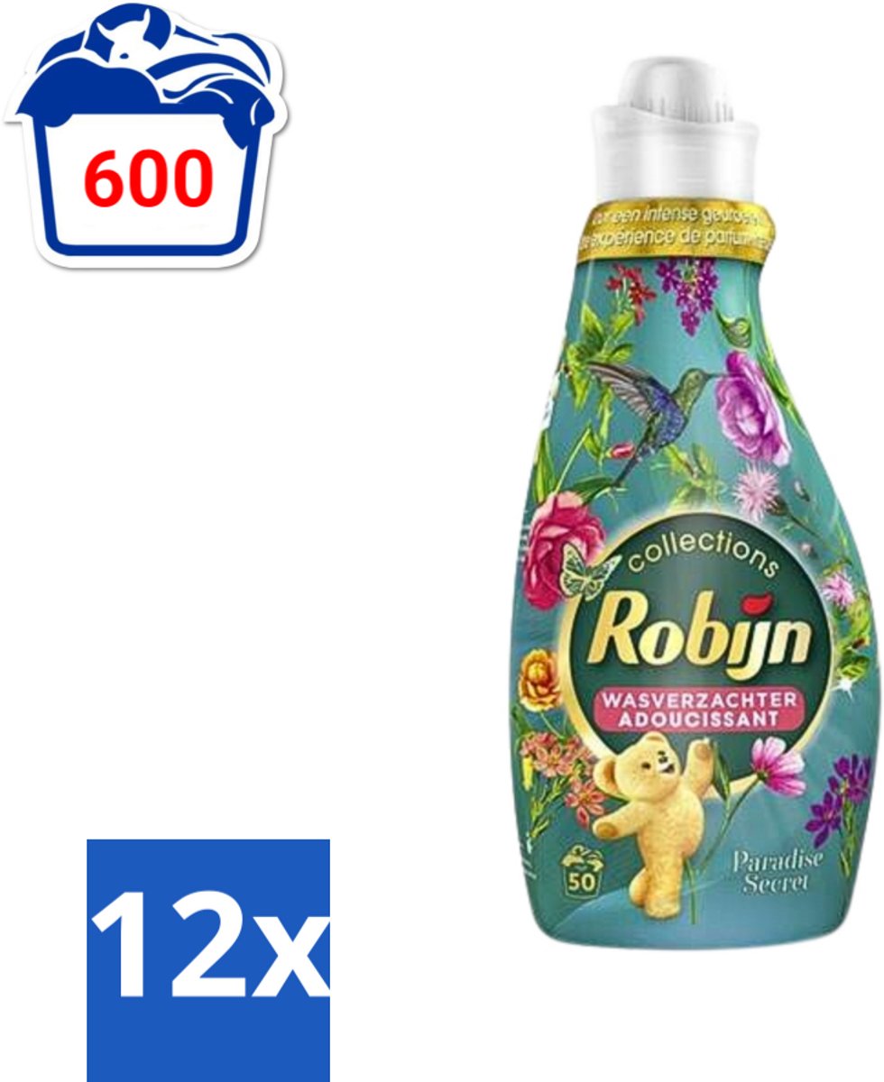12 x Robijn Collections - Wasverzachter - Paradise Secret - 1,25L - 50 Wasbeurten - Wasverzachter - Wasparfum - Zijdezacht - Luxe Was - Botanische Wasverzachter