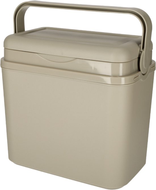 Taupekleurige koelbox met een rechthoekig design, een vast deksel en een opklapbaar handvat, gezien vanuit een schuine hoek.