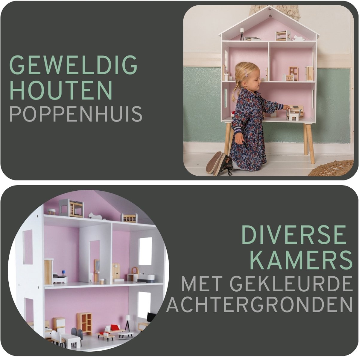 Bandits & Angels Houten Poppenhuis Wit Roze Modern Villa vanaf 3 jaar 115,5 cm hoog - Inclusief 47 meubeltjes - Poppen Huis - Poppen Speelgoed — afbeelding 2
