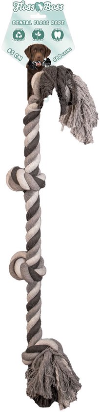 Floss Toss flostouw – zeer stevig en veilig hondenspeelgoed – hondentouw van gerecycled katoen – grijs trektouw – 85cm – 600g – 4 knopen