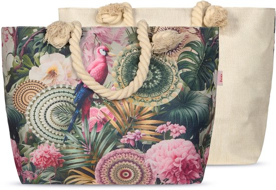 Sac de plage imprimé Fleurs tropicales et perroquets - 43x60 cm - Vert - Certifié Oeko-Tex - Polyester Lin