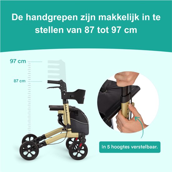 Illustratie en foto tonen instelbare handgreephoogte van 87 tot 97 cm