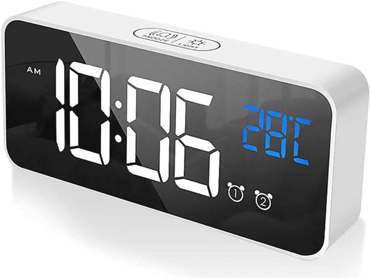 Digitale LED Wekker met Spiegel, USB Oplaadbare Tafelklok met 2 Alarmen, Snooze, Temperatuurweergave en Spraakbediening