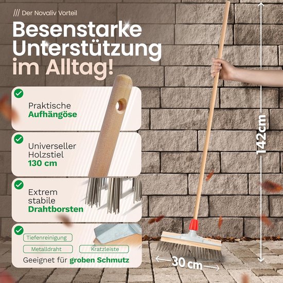 Novaliv Robuuste Staalbezem met Steel - Stalen Bezem met Houten Steel, Efficiënte Mosverwijdering, Staalborstel, voor Bestrating & Tuin, Stalen Draadbezem, Moskrabber, Pizzabezem, Pizzasteenborstel van Novaliv — afbeelding 2