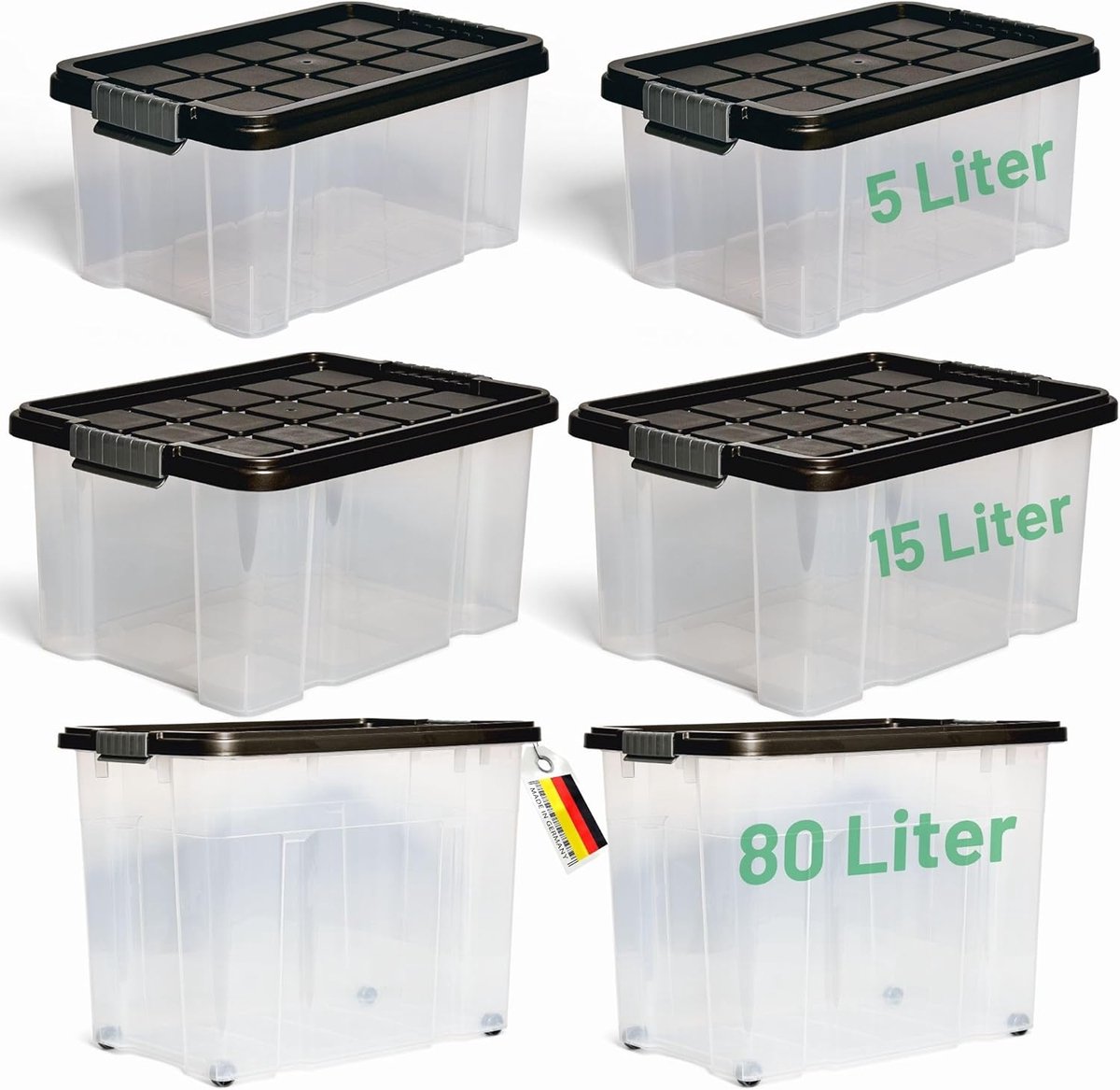 Novaliv 2-delige set opbergdozen met deksel, antraciet, 1x80 L + 1x55 L, nestbaar, stapelbaar, clipsluiting, roldozen, BPA-vrij