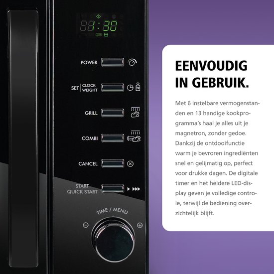 Gedetailleerd overzicht van het digitale display en de knoppen van een zwarte Brabantia magnetron.