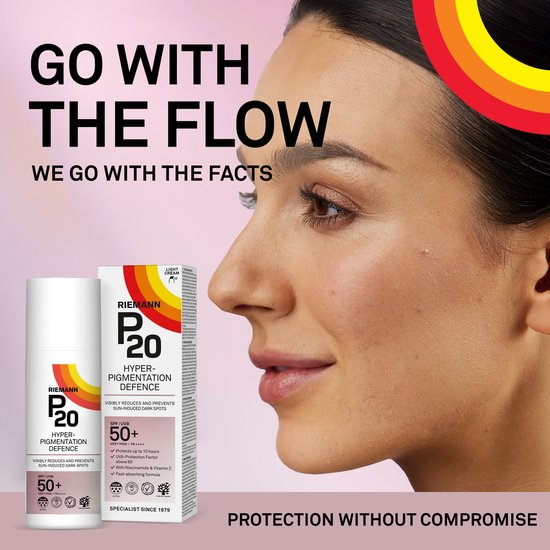 Close-up van een vrouwengezicht naast een flesje en doosje P20 Hyperpigmentation Defence SPF 50+. Grote tekst: "GO WITH THE FLOW WE GO WITH THE FACTS".