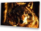 Wolf en haar welp in de natuur - Wolf schilderij - Schilderijen canvas dieren - Realisme - Schilderijen op canvas industrieel - Kantoor accessoires - canvas 150x100 cm