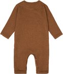Bruin gebreid baby boxpak met lange mouwen en drukknoopsluiting, rugzijde.