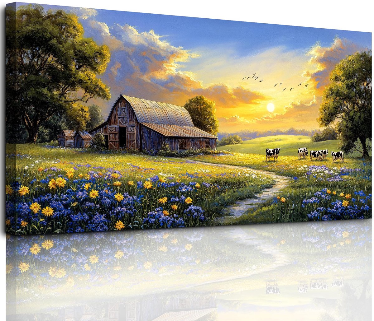 Ibenzoa Moderne Canvas Wanddecoratie Koeienlandschap voor Diverse Ruimtes 50 x 100 cm Koeien en boerderij